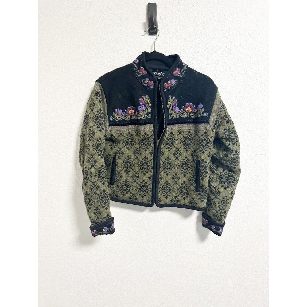 Icelandic Design Wool Sweater Jacket Cropped Floral Embroidered Full Zip Small